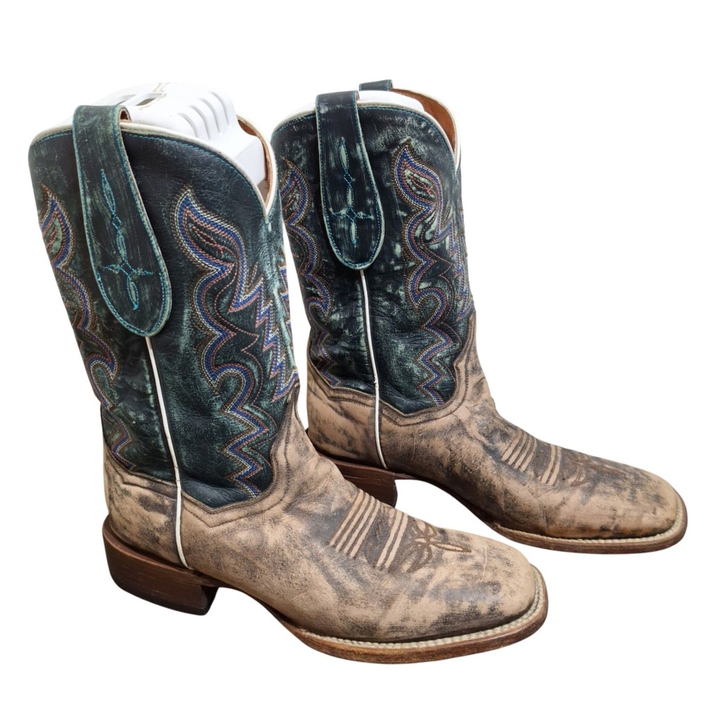 Dan Post Women's Size 9M Distressed Tan Teal Leather Square Toe Western Boots